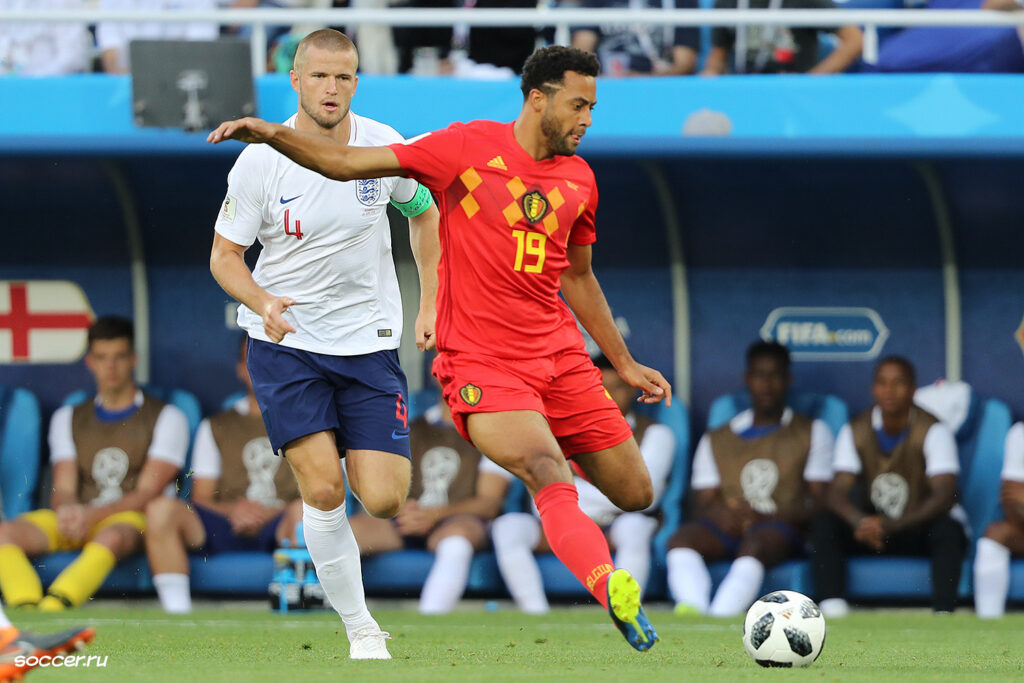 Belgium national football team players competing during a FIFA World Cup match.