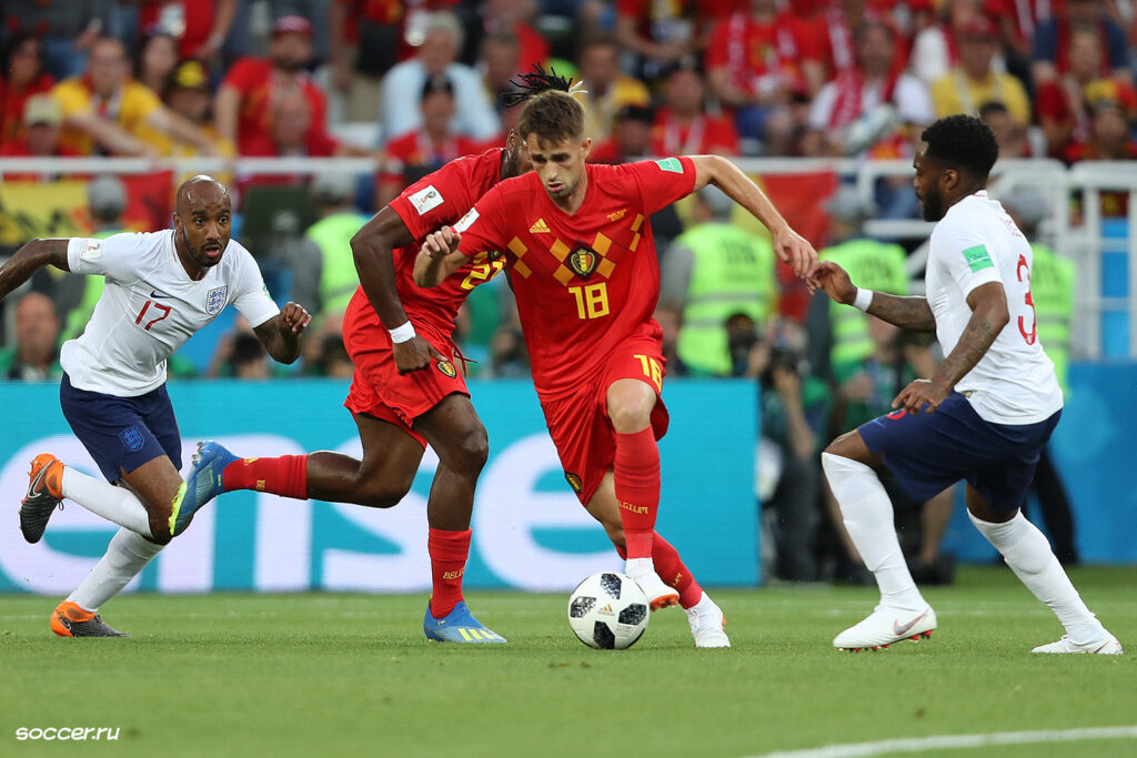 Belgium national team players during a FIFA World Cup match in Russia in 2018.