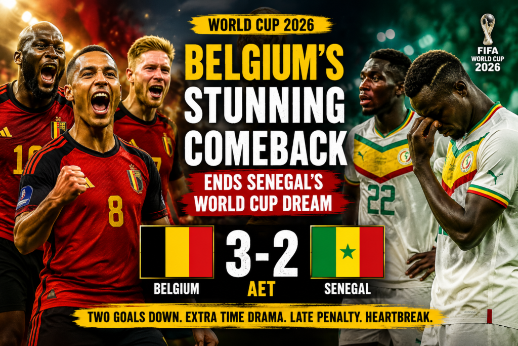 Belgium players celebrate a dramatic 3-2 comeback victory over Senegal after extra time in the 2026 FIFA World Cup.